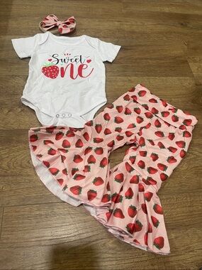 Sweet One Baby Outfit - White & Pink Strawberry Set